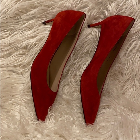 Stuart Weitzman red suede pumps. - Picture 2 of 6